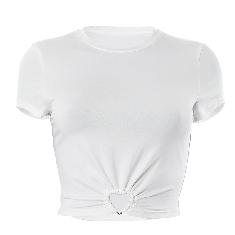 Heart ring ruched short sleeve solid crewneck crop top