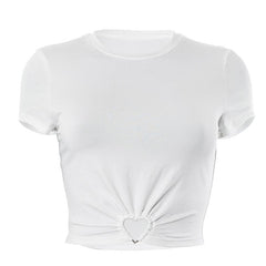 Heart ring ruched short sleeve solid crewneck crop top