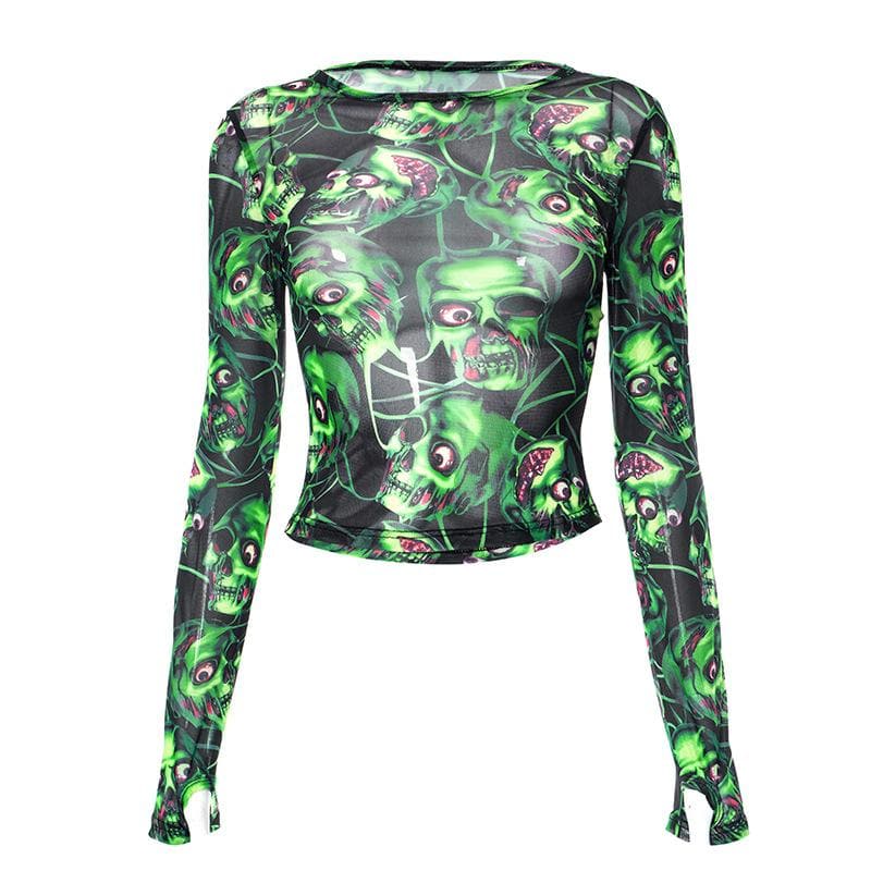 Top de manga larga con guantes de malla transparente con estampado de calavera