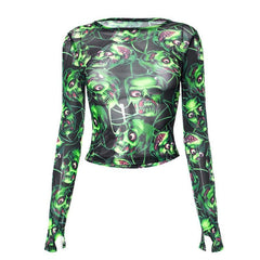 Skull pattern see through sheer mesh gloves long sleeve top