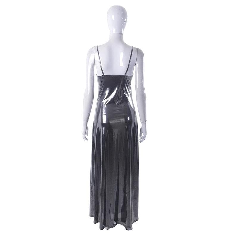 Metallic-Maxikleid mit tiefem Ausschnitt und rückenfreiem V-Ausschnitt