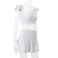 Smocked solid cap sleeve ruffle button mini skirt set