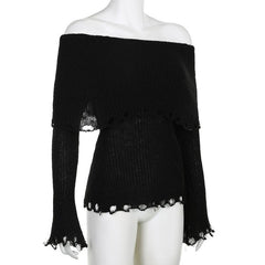 Crochet long sleeve hollow out off shoulder solid top