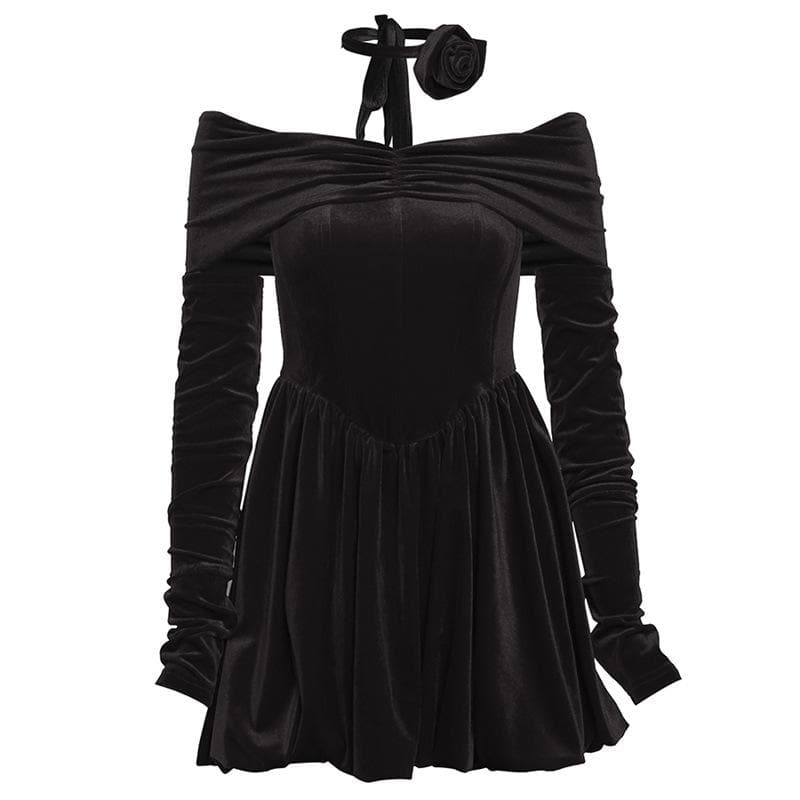 Velvet ruched zip-up off shoulder long sleeve solid mini dress