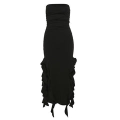 Solid slit irregular ruffle ribbon backless tube midi dress