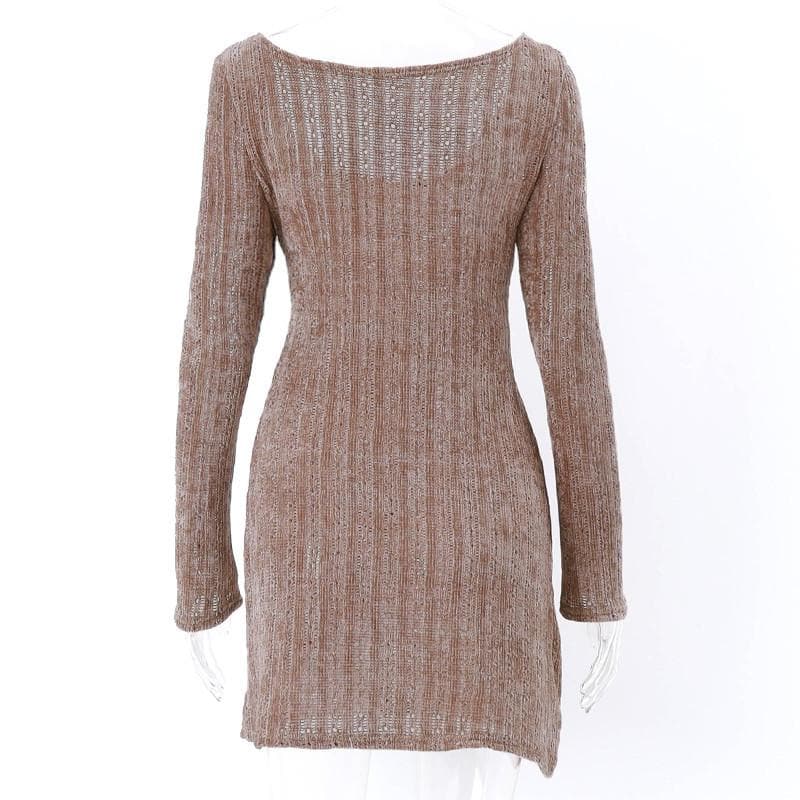 Long sleeve solid fluffy off shoulder hollow out mini dress