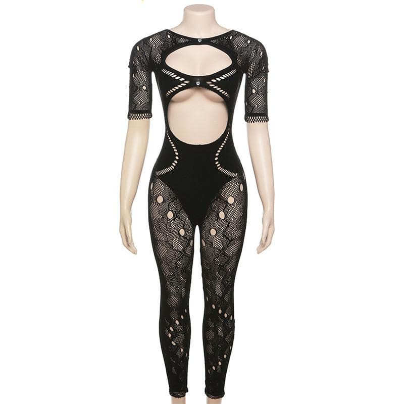 Hollow out short sleeve button fishnet solid jumpsuit