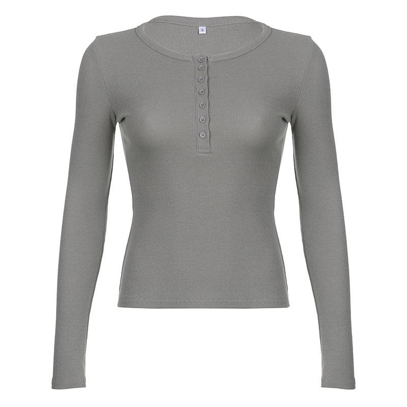 Ribbed solid long sleeve button crewneck top