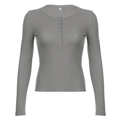 Ribbed solid long sleeve button crewneck top