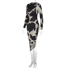 Cow print long sleeve contrast hoodie irregular midi dress