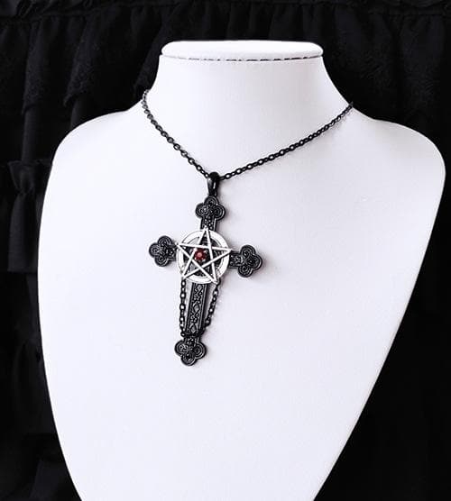 Collar con colgante de pentagrama y crucifijo punk 