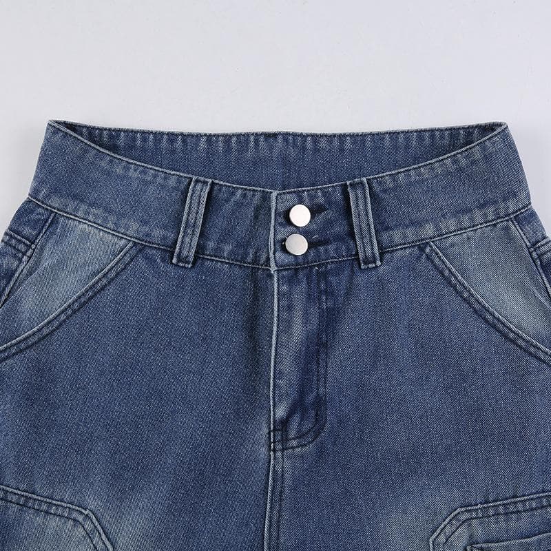 High rise straight leg button gradient pocket jeans