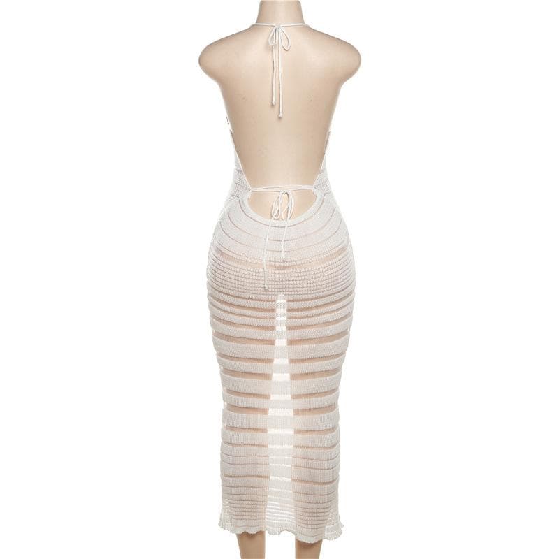 Halter self tie u neck knitted see through backless maxi dress