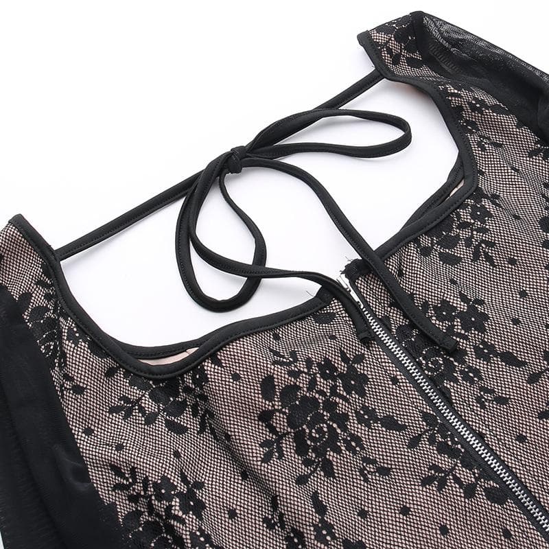 Lace contrast corset long sleeve zip-up self tie top