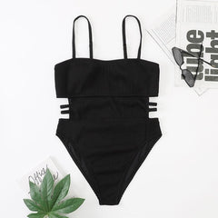 Padded hollow out solid cami one piece swimwear