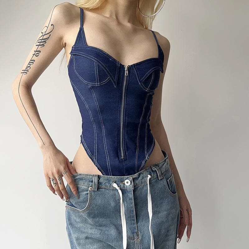 Rückenfreier Denim-Camisole-Bodysuit mit Reißverschluss und V-Ausschnitt