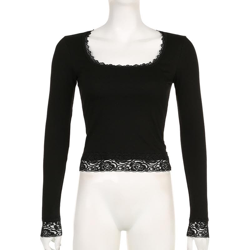 Lace hem solid square neck long sleeve top