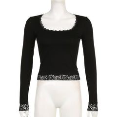 Lace hem solid square neck long sleeve top