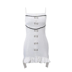 Metal applique contrast square neck ruffle spaghetti strap mini dress