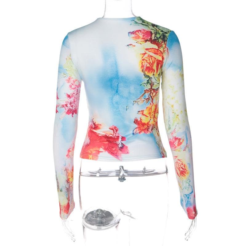 Long sleeve crewneck flower body print contrast top