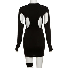 Hollow out irregular long sleeve crewneck mini dress