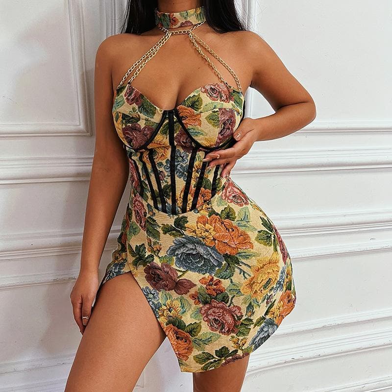 Vestido tipo corsé con abertura y estampado de cadena metálica estilo halter 