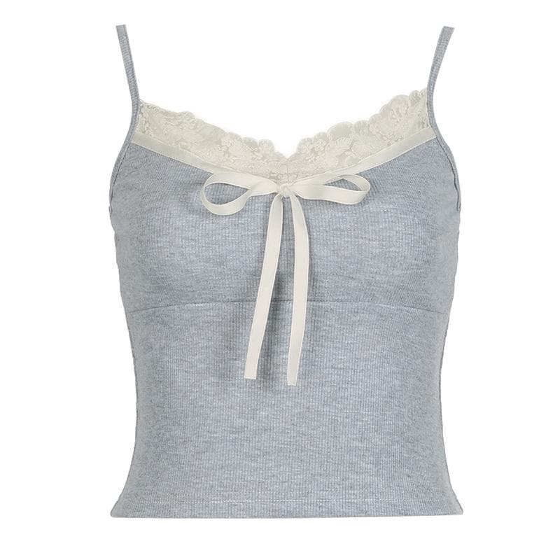 Lace hem contrast v neck bowknot cami top