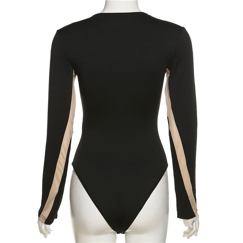 Crewneck long sleeve patchwork contrast bodysuit