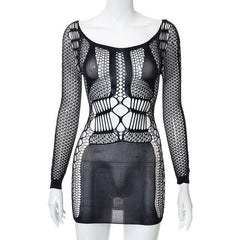 Fishnet long sleeve hollow out see through mini dress