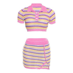 Turnover collar short sleeve button contrast striped mini skirt set