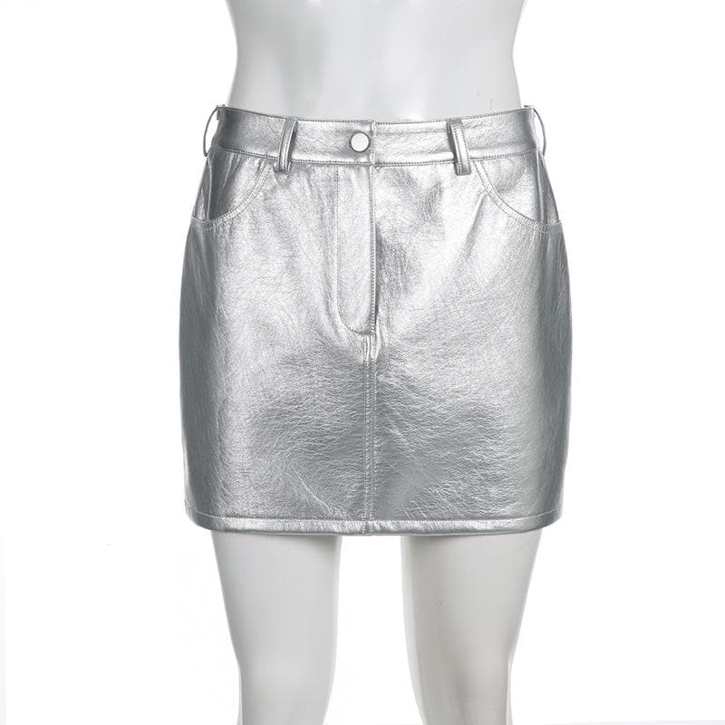 Solid metallic button pocket high rise mini skirt