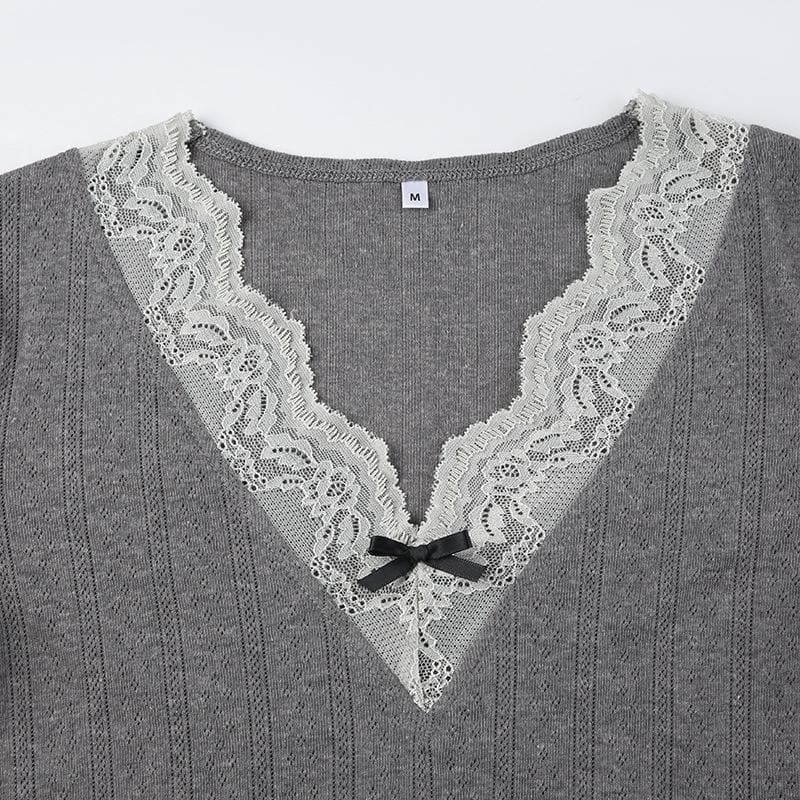 Lace hem v neck contrast bowknot long sleeve textured top