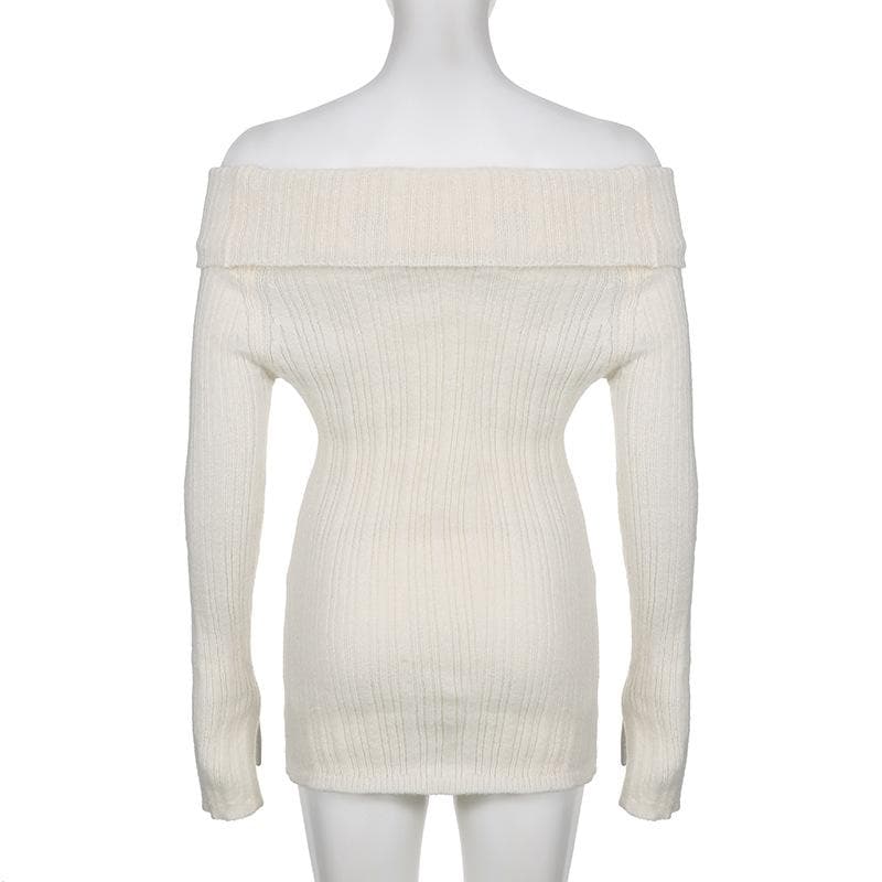 Long sleeve solid slit knitted off shoulder button top