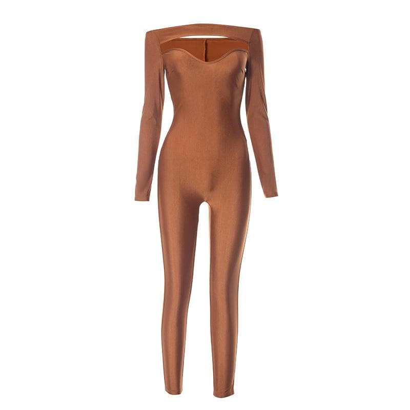 Hollow out long sleeve off shoulder solid jumpsuit