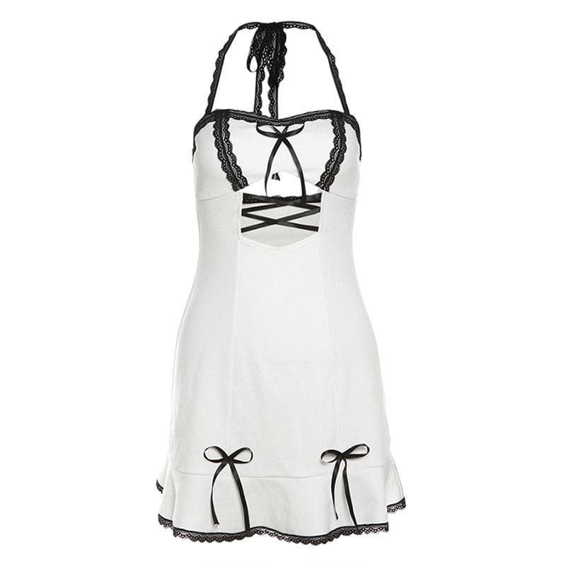 Lace hem contrast halter lace up bowknot mini dress