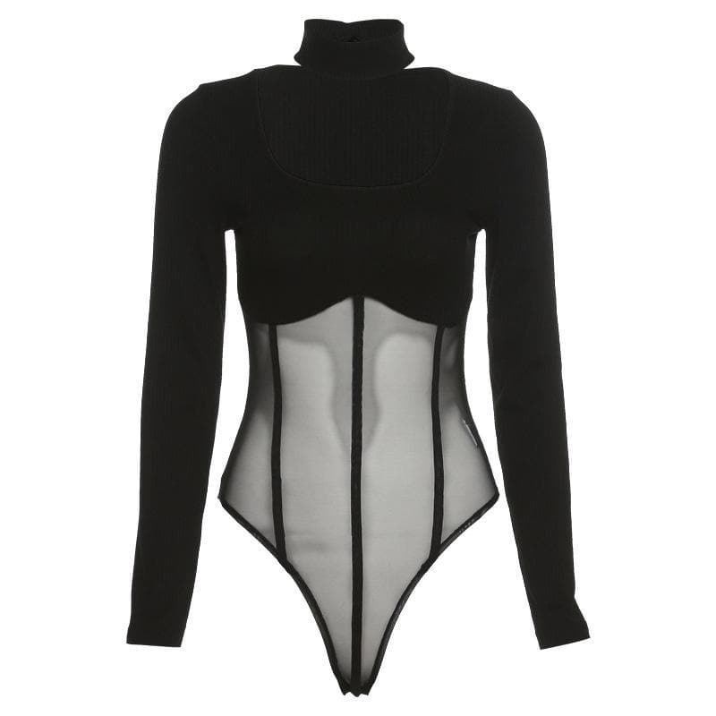 Hochgeschlossener Bodysuit aus Mesh-Patchwork 