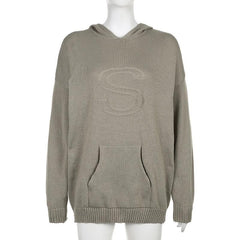 Knitted solid pocket long sleeve hoodie top