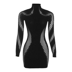 Hollow out solid long sleeve fishnet high neck mini dress