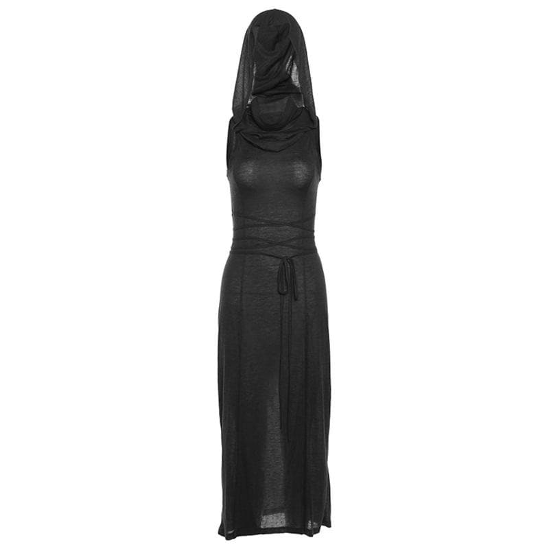 Hoodie sleeveless slit hollow out self tie cowl neck maxi dress