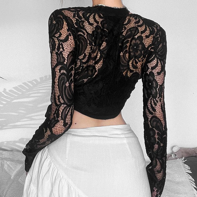 Lace button long sleeve solid see through crop top