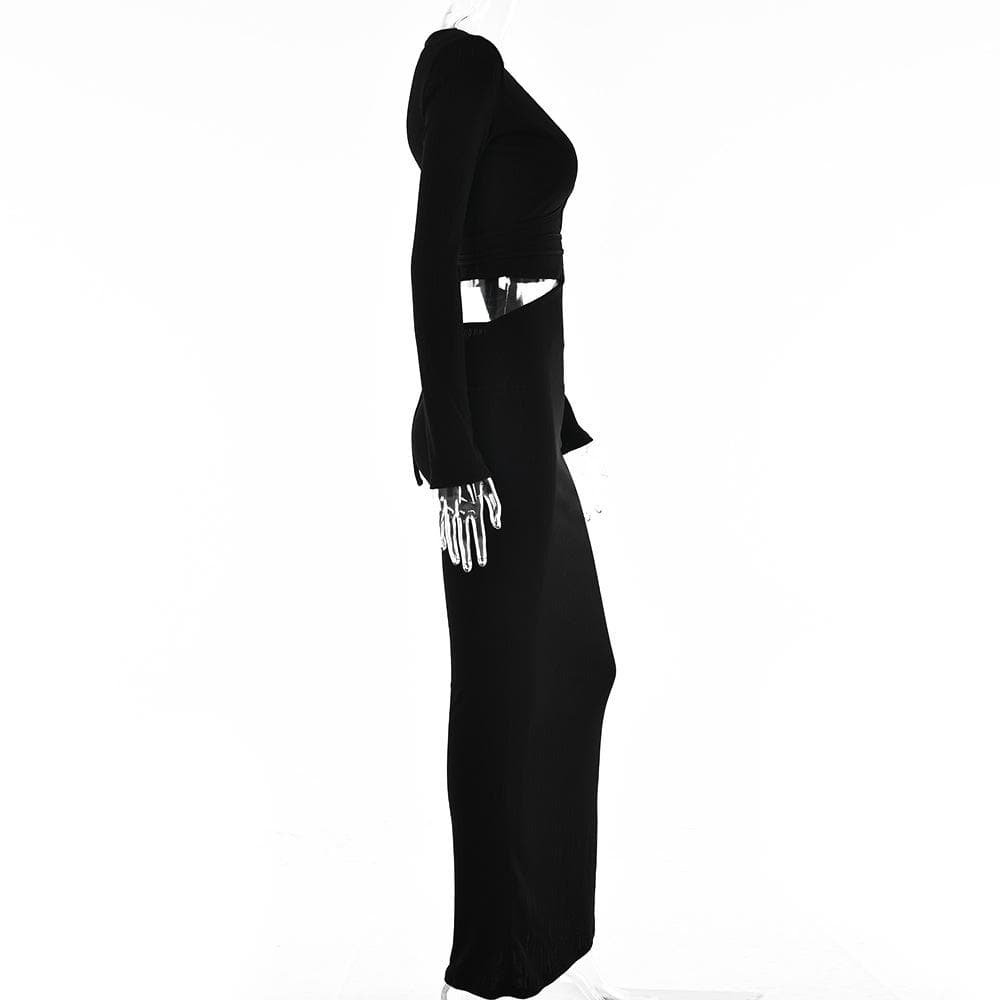 Long sleeve solid v neck hollow out self tie maxi dress