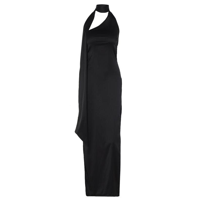 Halter solid irregular sleeveless backless self tie slit maxi dress