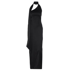 Halter solid irregular sleeveless backless self tie slit maxi dress