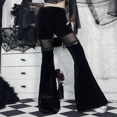 Mesh patchwork solid lace hem velvet flared pant