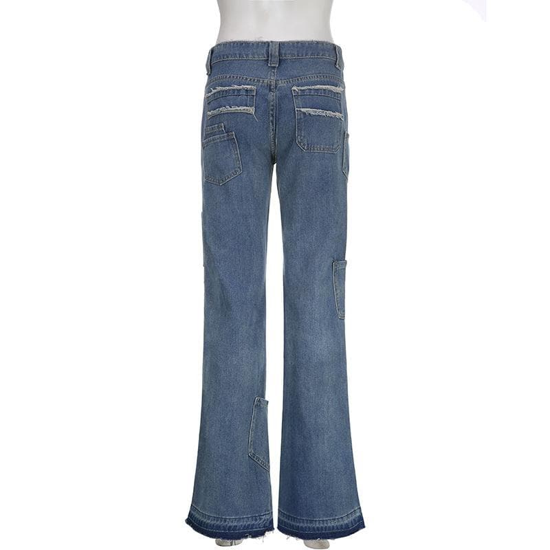 Contrast star pattern raw hem pocket straight leg jeans