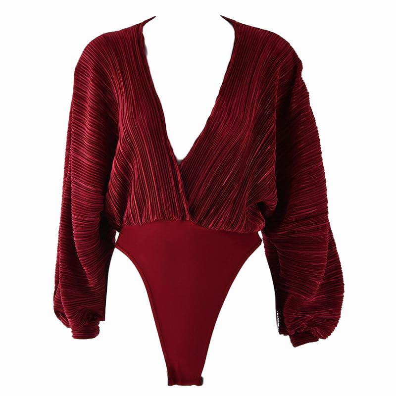 Textured long sleeve v neck solid bodysuit