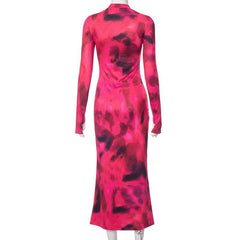 Tie dye gloves long sleeve contrast high neck midi dress