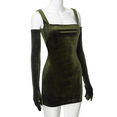 Velvet sleeveless gloves solid square neck mini dress