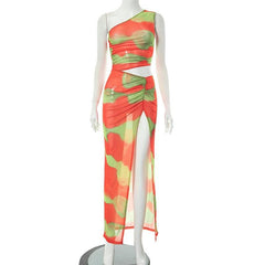 Irregular ruched slit sheer mesh see through tie dye one shoulder maxi dress