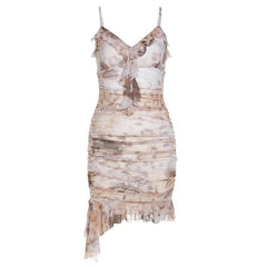 Ruched v neck contrast print irregular cami mini dress